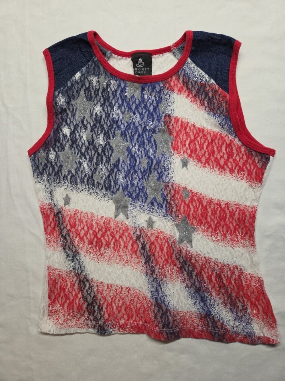 VTG Anxiety Cafe USA Flag Lace Tank Top Women's M Red White Blue Patriotic Y2K